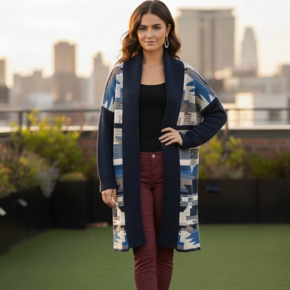 H&M Women's Cardigan Knit Sweater Long Maxi Duster Aztec Southwestern Print